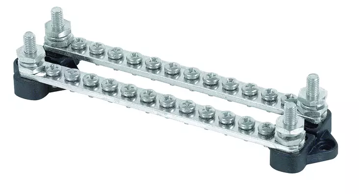 BEP Bus Bar Double 12x 4mm Screw Terminal 2x 6mm Input Stud 100A No Covers (Bulk) - Kytkentärimat - BB-12W-2NC - 1